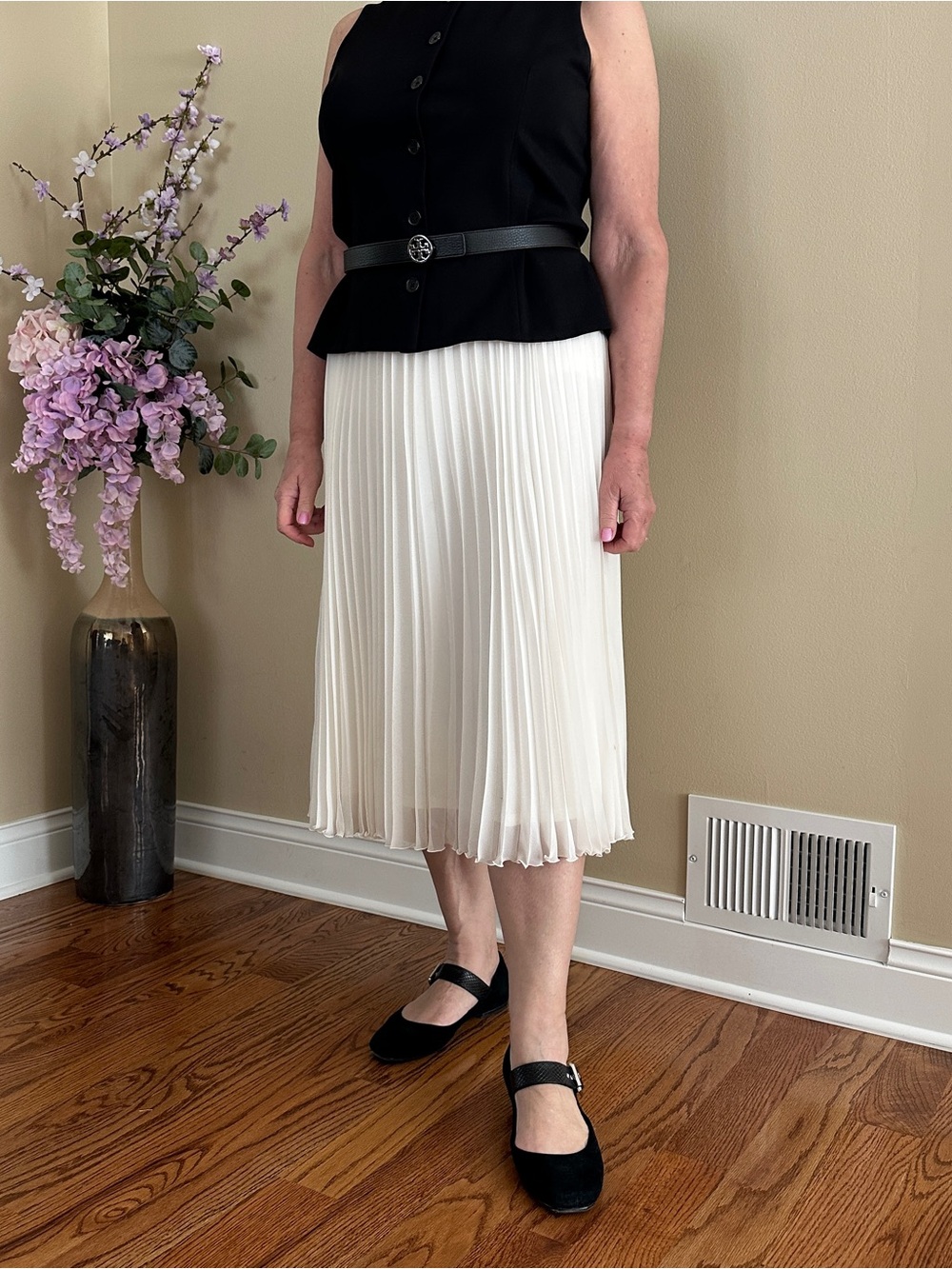 Worthington Cream Chiffon Pleated Elasticized Waist Midi Women's Skirt, Sz M-L